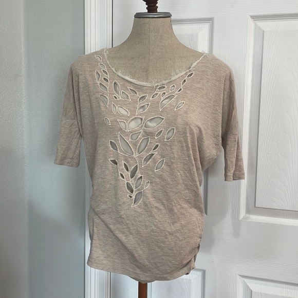 Y2K XOXO top tan cream cutouts fring scoop neck 3/4 sleeve gathered waist size S - Picture 1 of 10